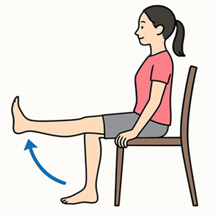 膝が痛い人すべてに共通のストレッチ。椅子に座って膝を上げ下げする。