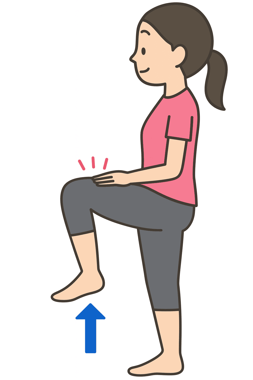 立っているときに膝が痛む人のストレッチ。20秒間足踏みをする。