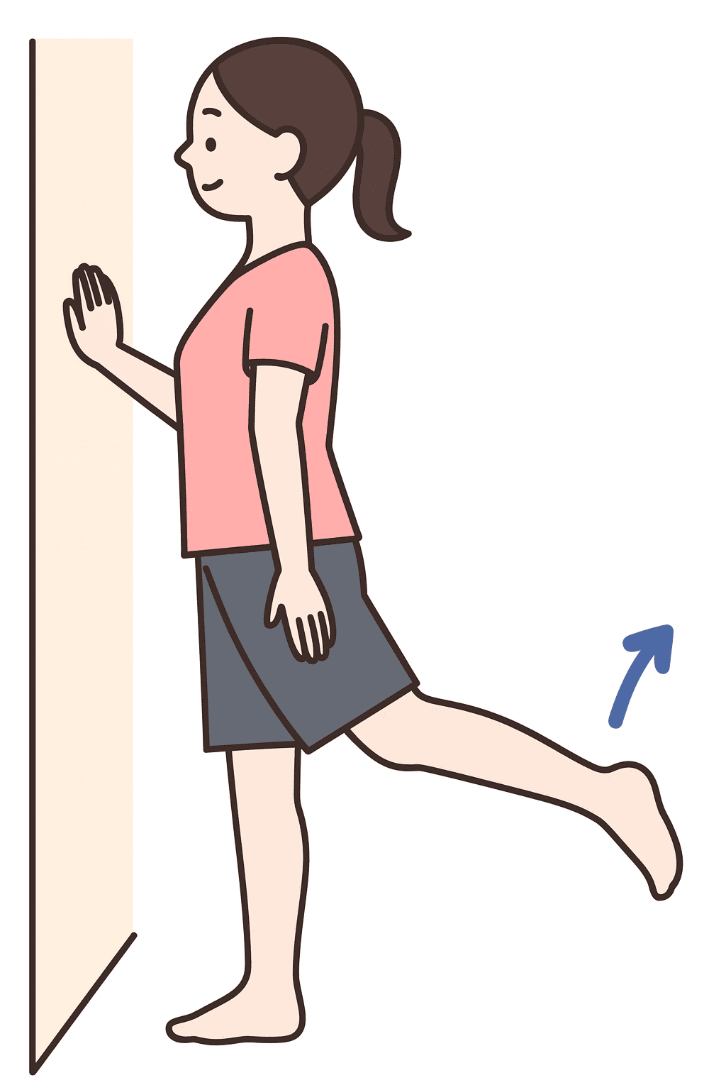 階段を降りるときに膝が痛い人のストレッチ。壁に手をついて足を上げ下げする。
